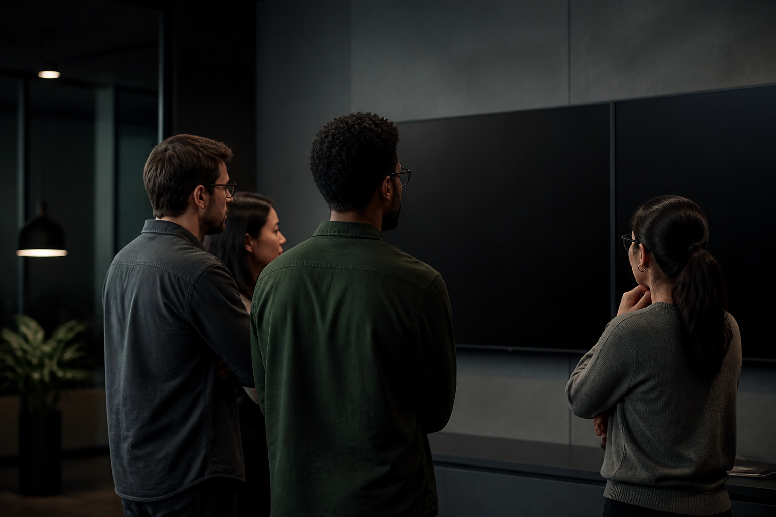Software team collaborating in a calm, modern studio